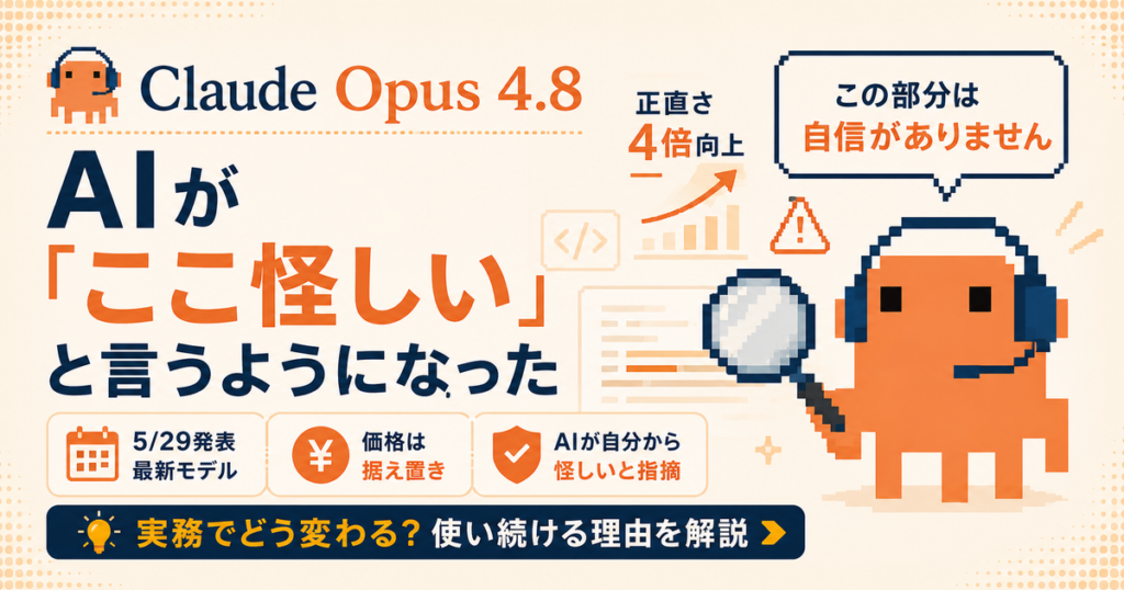 Claude Opus 4.8の発表内容と正直さ向上が実務に与える影響を解説した記事のアイキャッチ