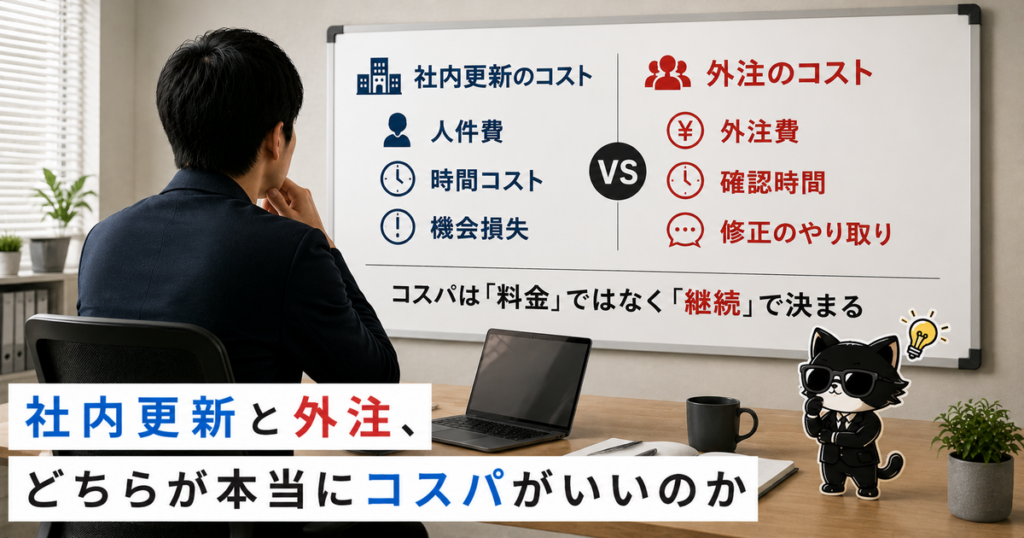 社内更新と外注のコスパを比較した記事のアイキャッチ画像