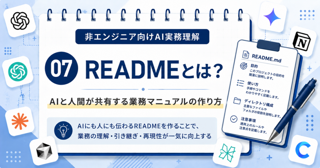 READMEとは何かをAI業務の視点で非エンジニア向けに解説する記事のアイキャッチ